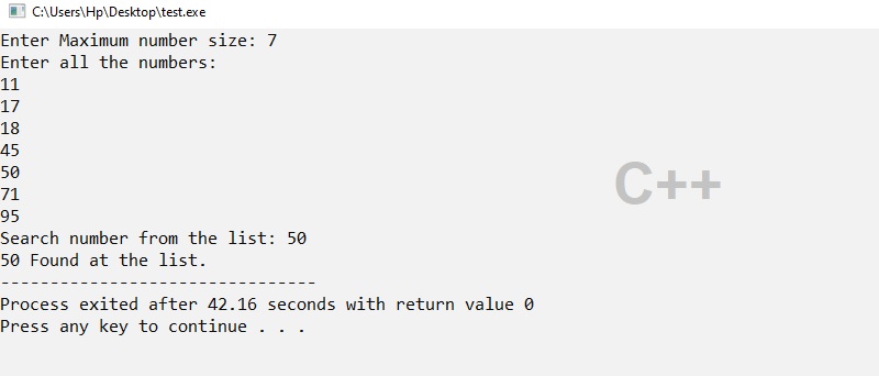 cpp program for binary search if found