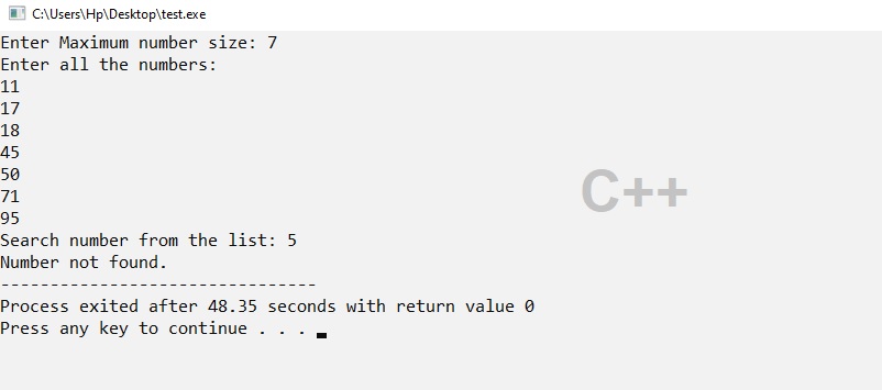 cpp program for binary search if not found