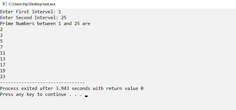 cpp program display prime numbers between two intervals